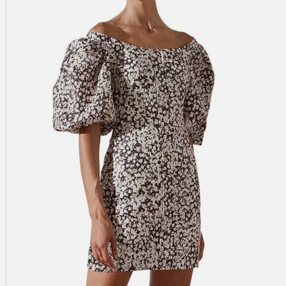 NWT Shona Joy Dahlia OTS Fitted Mini Dress Floral Size8 Brown Cocktail Linen - Picture 10 of 12